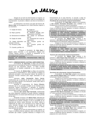 Después de un turno de intervenciones al respecto, en         funcionamiento de la Junta Directiva, se procede a elegir los
el que se manifiestan diversas opiniones sobre las necesidades de        nuevos cargos de la Junta Directiva para un período de dos años.
esta Asociación, se procede a elaborar una lista de inversiones a        P residente de la Asociación Cultural Fuentendrino.
realizar.                                                                         El presidente, Sr. R ojo R ojo , propone a los asistentes
           A continuación se da lectura, por parte del tesorero Sr.      a don Avelino Hernando Hernando como candidato a la
M elero R ojo , de la propuesta de la Junta Directiva respecto a         Presidencia de la Asociación Cultural Fuentendrino.
las inversiones:                                                                   Después de un turno de intervenciones al respecto, en
                                                                         el que se manifiestan diversas opiniones, se somete a votación la
  1.- Equipo de música.         8.- Equipo de                            propuesta de la Junta Directiva.
                                videoretroproyección                     SE ACUERDA, por mayoría con 46 votos a favor y 5 en contra:
  2.- Rejas y puertas.          9.- Mobiliario plegable para               NOMBRAR A DON AVELINO HERNANDO HERNANDO
                                celebraciones al aire libre.               RESIDENTE DE CULTURAL FUENTENDRINO LA ASOCIACIÓN
  3.- Renovación de mobiliario. 10.- Equipo de iluminación                 CULTURAL FUENTENDRINO PARA EL PROXIMO MANDATO.
                                exterior.                                Vicepresidente de la Asociación Cultural Fuentendrino.
  4.- Equipo de sonido          11.- Iluminación de la sala de                     El secretario, Sr. M iguel R ojo , propone a los
                                exposiciones.                            asistentes a don M ario de Dios Francisco como candidato a la
  5.- Equipo informático con 12.- Creación premio de                     Vicepresidencia de la Asociación Cultural Fuentendrino.
conexión a Internet.            pintura.                                           Después de un turno de intervenciones al respecto, en
  6.- Persianas y sillas        13.- Creación premio de                  el que se manifiestan diversas opiniones, se somete a votación la
                                fotografía.                              propuesta de la Junta Directiva.
  7.- Cazuelas, parrillas, etc                                           SE ACUERDA, por unanimidad:
                                                                           NOMBRAR A DON MARIO DE DIOS FRANCISCO
                   Pregunta el presidente, Sr. R ojo R ojo si              VICEPRESIDENTE        DE     LA     ASOCIACIÓN      CULTURAL
alguien quiere intervenir, y no suscitándose ninguna otra                  FUENTENDRINO PARA EL PROXIMO MANDATO.
cuestión, plantea someter a votación la aprobación de la
inversiones propuestas por la Junta Directiva.                           Tesorero de la Asociación Cultural Fuentendrino.
SE ACUERDA, por unanimidad:                                                        El secretario, Sr. M iguel R ojo , propone a los
APROBAR LAS INVERSIONES PRESUPUESTADAS PARA EL                           asistentes a doña R aquel R ojo Hernando como candidata a la
EJERCICIO.                                                               Tesorería de la Asociación Cultural Fuentendrino.
                                                                                   Después de un turno de intervenciones al respecto, en
PUNTO 3.-RENOVACION DE LA ACTUAL JUNTA DIRECTIVA.                        el que se manifiestan diversas opiniones, se somete a votación la
           El Presidente, Sr. R ojo R ojo , se dirige a los asistentes   propuesta de la Junta Directiva.
informando de la necesidad de renovar la composición de la Junta         SE ACUERDA, por mayoría con 50 votos a favor y 1 en contra:
Directiva de esta Asociación Cultural           al haber excedido          NOMBRAR A DOÑA RAQUEL ROJO HERNANDO TESORERO
notablemente el mandato establecido en los estatutos de la                 DE LA ASOCIACIÓN CULTURAL FUENTENDRINO PARA EL
Asociación.                                                                PROXIMO MANDATO.
           El Tesorero, Sr. M elero R ojo , se dirige a los asistentes
reconociendo al vicepresidente Sr. Torres Cifuentes el trabajo y la      Secretario de la Asociación Cultural Fuentendrino.
dedicación prestados a esta Asociación Cultural. No obstante, la                  El presidente, Sr. R ojo R ojo , propone a los asistentes
Asociación necesita renovarse para seguir avanzando en sus               a don Dionisio M iguel R ojo como candidato a la Secretaría de
objetivos.                                                               la Asociación Cultural Fuentendrino.
           Interviene doña        Concepción P arra García ,                       Después de un turno de intervenciones al respecto, en
manifestando que un período de dos años es demasiado corto               el que se manifiestan diversas opiniones, se somete a votación la
para desarrollar la gestión de la Asociación, siendo cuatro años el      propuesta de la Junta Directiva.
período de tiempo ideal.                                                 SE ACUERDA, por mayoría con 48 votos a favor y 3 en contra:
           Responde el vicepresidente, Sr. Torres Cifuenes,                NOMBRAR A DON DIONISIO MIGUEL ROJO SECRETARIO DE
indicando que es un precepto recogido en los Estatutos de la               LA ASOCIACIÓN CULTURAL FUENTENDRINO PARA EL
Asociación Cultural Fuentendrino y aprobado en Asamblea                    PROXIMO MANDATO.
General por todos sus miembros, por lo que el cumplimiento de            Vocal 1 de la Asociación Cultural Fuentendrino.
este precepto no debe ser discutido.                                              El tesorero, Sr. M elero R ojo , propone a los asistentes
           Intervine don Carlos R ojo Hernando , manifestando            a doña M ª P ilar M artín Hernando como candidato a la Vocalía
que dicha imposición estatutaria se puede solventar reeligiendo          nº 1 de la Asociación Cultural Fuentendrino.
automáticamente a la actual Junta Directiva por un nuevo período                   Después de un turno de intervenciones al respecto, en
de dos años.                                                             el que se manifiestan diversas opiniones, se somete a votación la
           Responde el tesorero, Sr. M elero R ojo, indicando que        propuesta de la Junta Directiva.
sería sentar un mal precedente que afectaría a la transparencia y        SE ACUERDA, por unanimidad:
credibilidad de la gestión realizada, la cual es susceptible de ser        NOMBRAR A DOÑA Mª PILAR MARTIN HERNANDO VOCAL 1
mejorada por futuras Juntas Directivas. Así mismo, solicita la             DE LA ASOCIACIÓN CULTURAL FUENTENDRINO EN EL
colaboración de todos en la renovación de los cargos de dicha              PROXIMO MANDATO.
Junta, haciendo hincapie en la necesidad de que todos los                Vocal 2 de la Asociación Cultural Fuentendrino.
colectivos de la localidad estén representados en la misma,                       El presidente, Sr. R ojo R ojo , propone a los asistentes
especialmente las mujeres.                                               a don José Ignacio Hernando R ojo como candidato a la
           Después de un turno de intervenciones al respecto, en         Vocalía nº 2 de la Asociación Cultural Fuentendrino.
el que se manifiesta diversas opiniones sobre la dificultad de que                 Después de un turno de intervenciones al respecto, en
asociados que residan a grandes distancias se integren en el             el que se manifiestan diversas opiniones, se somete a votación la
                                                                         propuesta de la Junta Directiva.
 