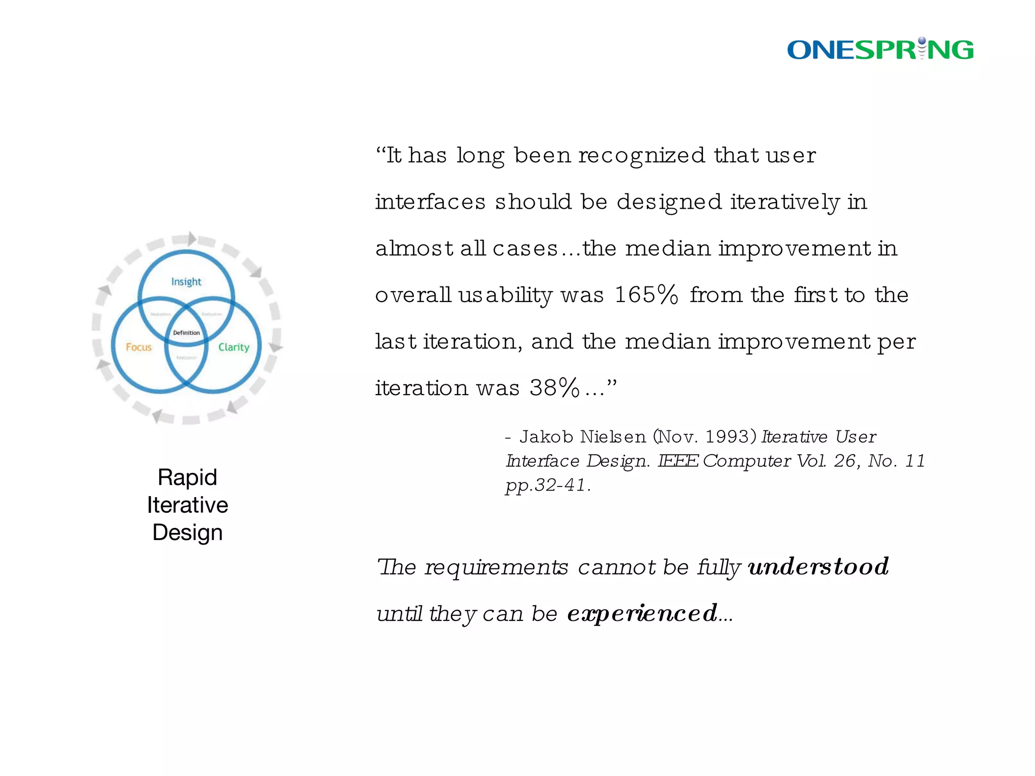 The iterative cycle allows us  to rapidly visualize the “big picture”, gain stakeholder consensus and  then  drill-down to specific features… 