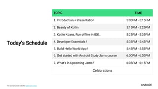 This work is licensed under the Apache 2.0 License
TOPIC TIME
1. Introduction + Presentation 5:00PM - 5:15PM
2. Beauty of Kotlin 5:15PM - 5:25PM
3. Kotlin Koans, Run offline in IDE.. 5:25PM - 5:35PM
4. Developer Essentials ! 5:35PM - 5:45PM
5. Build Hello World App ! 5:45PM - 5:55PM
6. Get started with Android Study Jams course 6:00PM - 6:05PM
7. What's in Upcoming Jams? 6:05PM - 6:15PM
Celebrations
Today’s Schedule
 
