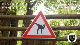 D E V E L O P M E N T C O N S I D I R A T 
I O N S 
 Work or Personal? 
 Network Constraints 
 File system and Access 
 Applications and Invocation 
 BlackBerry Push vs Enterprise Push 
 Impact from Policy Restrictions 
 Testing you Application 
 