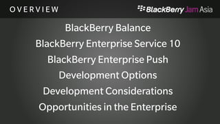O V E R V I E W 
BlackBerry Balance 
BlackBerry Enterprise Service 10 
BlackBerry Enterprise Push 
Development Options 
Development Considerations 
Opportunities in the Enterprise 
 