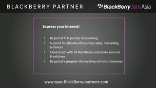 R E F E R E N C E S / D E M O S 
 GitHub 
 https://github.com/blackberry/BES10-Cascades 
 Enterprise Push demo 
 http://bizblog.blackberry.com/2013/06/push-enterprise-apps/ 
 Emergency Contact List 
 https://github.com/blackberry/BES10-Cascades/tree/master/ECL 
 BizBlog 
 http://bizblog.blackberry.com/ 
 developer.blackbery.com 
 https://developer.blackberry.com/devzone/develop/enterprise/enterprise_overview.h 
tml 
 