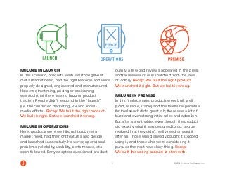 FAILURE IN LAUNCH 
In this scenario, products were well thought-out, met a market need, had the right features and were properly designed, engineered and manufactured. However, the timing, pricing or positioning was such that there was no buzz or product traction. People didn’t respond to the “launch” (i.e. the concerted marketing, PR and social- media efforts). Recap: We built the right product. We built it right. But we launched it wrong. 
FAILURE IN OPERATIONS 
Here, products were well thought-out, met a market need, had the right features and design and launched successfully. However, operational problems (reliability, usability, performance, etc.) soon followed. Early adopters questioned product quality, a few bad reviews appeared in the press and failure was cruelly snatched from the jaws of victory. Recap: We built the right product. We launched it right. But we built it wrong. 
FAILURE IN PREMISE 
In this final scenario, products were built well (solid, reliable, stable) and the teams responsible for the launch did a great job; there was a lot of buzz and even strong initial sales and adoption. But after a short while, even though the product did exactly what it was designed to do, people realized that they didn’t really need or want it after all. Those who’d already bought it stopped using it, and those who were considering it pursued the next new shiny thing. Recap: We built the wrong product to start with. 
WHY DO YOU F.L.O.P.?WHY DO YOU F.L.O.P.?WHY DO YOU F.L.O.P.? 
9 2014 © Jama Software, Inc  