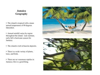 Jamaica
            Geography


• The island is tropical with a mean
annual temperature of 80 degrees
fahrenheit.

• Annual rainfall varies by region
throughout the island. Late summer,
early fall is hurricane season for
Jamaica.

• The island is rich in bauxite deposits.

• There is a wide variety of plants,
trees, and birds.

• There are no venomous reptiles in
Jamaica; this is a good thing.
 