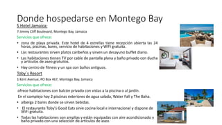 Donde hospedarse en Montego Bay
S Hotel Jamaica:
7 Jimmy Cliff Boulevard, Montego Bay, Jamaica
Servicios que ofrece:
• zona de playa privada. Este hotel de 4 estrellas tiene recepción abierta las 24
horas, piscinas, bares, servicio de habitaciones y WiFi gratuita.
• Los restaurantes sirven platos caribeños y sirven un desayuno buffet diario.
• Las habitaciones tienen TV por cable de pantalla plana y baño privado con ducha
y artículos de aseo gratuitos.
• Hay centro de fitness y un spa con baños antiguos.
Toby´s Resort
1 Kent Avenue, PO Box 467, Montego Bay, Jamaica
Servicios que ofrece:
ofrece habitaciones con balcón privado con vistas a la piscina o al jardín.
En el complejo hay 2 piscinas exteriores de agua salada, Water Fall y The Baha.
• alberga 2 bares donde se sirven bebidas.
• El restaurante Toby's Good Eats sirve cocina local e internacional y dispone de
WiFi gratuita.
• Todas las habitaciones son amplias y están equipadas con aire acondicionado y
baño privado con una selección de artículos de aseo.
 