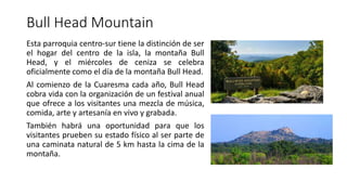Bull Head Mountain
Esta parroquia centro-sur tiene la distinción de ser
el hogar del centro de la isla, la montaña Bull
Head, y el miércoles de ceniza se celebra
oficialmente como el día de la montaña Bull Head.
Al comienzo de la Cuaresma cada año, Bull Head
cobra vida con la organización de un festival anual
que ofrece a los visitantes una mezcla de música,
comida, arte y artesanía en vivo y grabada.
También habrá una oportunidad para que los
visitantes prueben su estado físico al ser parte de
una caminata natural de 5 km hasta la cima de la
montaña.
 