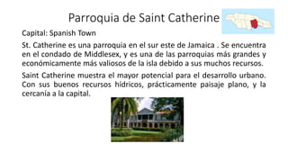 Parroquia de Saint Catherine
Capital: Spanish Town
St. Catherine es una parroquia en el sur este de Jamaica . Se encuentra
en el condado de Middlesex, y es una de las parroquias más grandes y
económicamente más valiosos de la isla debido a sus muchos recursos.
Saint Catherine muestra el mayor potencial para el desarrollo urbano.
Con sus buenos recursos hídricos, prácticamente paisaje plano, y la
cercanía a la capital.
 