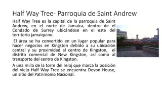 Half Way Tree- Parroquia de Saint Andrew
Half Way Tree es la capital de la parroquia de Saint
Andrew, en el norte de Jamaica, dentro de el
Condado de Surrey ubicándose en el este del
territorio jamaiquino.
El área se ha convertido en un lugar popular para
hacer negocios en Kingston debido a su ubicación
central y su proximidad al centro de Kingston, el
distrito comercial de New Kingston, así como al
transporte del centro de Kingston.
A una milla de la torre del reloj que marca la posición
del viejo Half Way Tree se encuentra Devon House,
un sitio del Patrimonio Nacional.
 