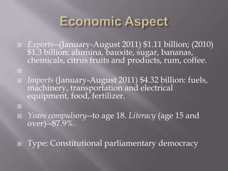    Exports--(January-August 2011) $1.11 billion; (2010)
    $1.3 billion: alumina, bauxite, sugar, bananas,
    chemicals, citrus fruits and products, rum, coffee.

   Imports (January-August 2011) $4.32 billion: fuels,
    machinery, transportation and electrical
    equipment, food, fertilizer.

   Years compulsory--to age 18. Literacy (age 15 and
    over)--87.9%.

   Type: Constitutional parliamentary democracy
 