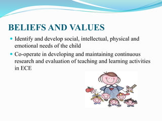 BELIEFS AND VALUES
 Identify and develop social, intellectual, physical and
emotional needs of the child
 Co-operate in developing and maintaining continuous
research and evaluation of teaching and learning activities
in ECE
 