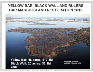 YELLOW BAR, BLACK WALL AND RULERS
BAR MARSH ISLAND RESTORATION 2012
11
Yellow Bar: 46 acres, $17.3M
Black Wall: 20 acres, ...