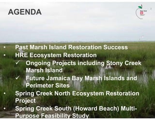 AGENDA
• Past Marsh Island Restoration Success
• HRE Ecosystem Restoration
 Ongoing Projects including Stony Creek
Marsh ...