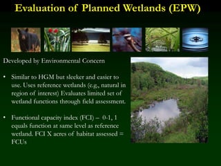 Evaluation of Planned Wetlands (EPW)
Developed by Environmental Concern
• Similar to HGM but sleeker and easier to
use. Uses reference wetlands (e.g., natural in
region of interest) Evaluates limited set of
wetland functions through field assessment.
• Functional capacity index (FCI) – 0-1, 1
equals function at same level as reference
wetland. FCI X acres of habitat assessed =
FCUs
 