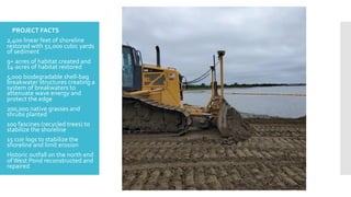 8
– PROJECT FACTS
– 2,400 linear feet of shoreline
restored with 51,000 cubic yards
of sediment
– 9+ acres of habitat created and
14-acres of habitat restored
– 5,000 biodegradable shell-bag
breakwater structures creating a
system of breakwaters to
attenuate wave energy and
protect the edge
– 200,000 native grasses and
shrubs planted
– 100 fascines (recycled trees) to
stabilize the shoreline
– 15 coir logs to stabilize the
shoreline and limit erosion
– Historic outfall on the north end
ofWest Pond reconstructed and
repaired
 