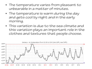 • The temperature varies from pleasant to
unbearable in a matter of minutes.
• The temperature is warm during the day
and gets cool by night and in the early
morning.
• This variation is due to the sea climate and
this variation plays an important role in the
clothes and textures that people choose.
 