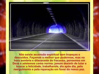 Não existe ascensão espiritual sem tropeços e descuidos. Façamos o melhor que pudermos, mas na hora sombria e dilacerante do fracasso, pensemos em Deus e adotemos como norma: jamais desistir de lutar e buscar a felicidade, trabalhando, dia após dia, pelo reerguimento e pela reparação em favor da nossa paz.  