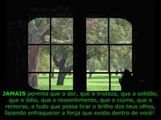 JAMAISJAMAIS permita que a dor, que a tristeza, que a solidão,
que o ódio, que o ressentimento, que o ciúme, que o
remorso, e tudo que possa tirar o brilho dos teus olhos,
fazendo enfraquecer a força que existe dentro de você!
 