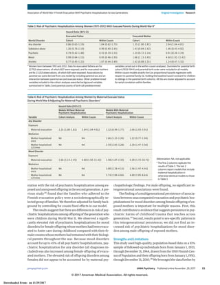 eration with the risk of psychiatric hospitalization among ex-
posedandunexposedoffspringinthesecondgeneration.Apre-
vious study28
found that the families who adhered to the
Finnish evacuation policy were a sociodemographically se-
lectedgroupoffamilies.Wethereforeadjustedforfamilyback-
ground by controlling for cousin fixed effects in our model.
The results suggest that there are differences in risk of psy-
chiatrichospitalizationsamongoffspringofthegenerationwho
were children during World War II. We observed a signifi-
cantly elevated risk of psychiatric hospitalizations for mood
disorders for female offspring whose mothers had been evacu-
ated to foster care during childhood compared with their fe-
male cousins whose mothers had remained with their biologi-
cal parents throughout the war. Because mood disorders
account for up to 45% of all psychiatric hospitalizations, psy-
chiatric hospitalization for any disorder (all diagnoses in-
cluded) was also increased among female offspring of evacu-
ated mothers. The elevated risk of offspring disorders among
females did not appear to be accounted for by maternal psy-
chopathologic findings. For male offspring, no significant in-
tergenerational associations were found.
The finding of a multigenerational persistence of associa-
tionsbetweenunaccompaniedevacuationandpsychiatrichos-
pitalizations for mood disorders among female offspring of ex-
posed mothers is important for multiple reasons. First, this
result contributes to evidence that suggests persistence in psy-
chiatric harms of childhood trauma that reaches across
generations.19
Second, results point to sex-specific patterns in
this intergenerational persistence; we did not find an in-
creased risk of psychiatric hospitalizations for mood disor-
ders among male offspring of exposed mothers.
Strengths and Limitations
This study used high-quality, population-based data on a 10%
sample of followed-up individuals born from January 1, 1933,
through December 31, 1944, drawn from the 1950 Finnish Cen-
susofPopulationandtheiroffspringbornfromJanuary1,1950,
through December 31, 2010.28
We leveraged the data further by
Table 3. Risk of Psychiatric Hospitalization Among Women (1971-2012) With Evacuee Parents During World War IIa
Mental Disorder
Hazard Ratio (95% CI)
Evacuated Father Evacuated Mother
Cohort Within Cousin Cohort Within Cousin
Any disorder 0.86 (0.63-1.19) 1.04 (0.62-1.75) 1.35 (1.00-1.81) 2.04 (1.04-4.01)
Substance abuse 1.26 (0.76-2.10) 0.99 (0.40-2.45) 1.43 (0.84-2.42) 1.46 (0.43-4.92)
Psychotic 0.79 (0.42-1.48) 0.55 (0.19-1.55) 1.24 (0.72-2.14) 0.91 (0.26-3.19)
Mood 0.99 (0.64-1.53) 0.95 (0.46-1.95) 1.66 (1.13-2.45) 4.68 (1.92-11.42)
Anxiety 0.77 (0.45-1.33) 1.07 (0.44-2.49) 1.42 (0.88-2.31) 1.24 (0.47-3.32)
a
Women born between 1951 and 2012. Data for evacuated fathers are for
22 702 observations, of which 807 were exposed, and for evacuated mothers
are for 23 253 observations, of which 681 were exposed. Associations by
parental sex were derived from one model by including parental sex and an
interaction between parental sex and evacuee status. Other predetermined
variables included in the cohort analyses were the background variables
summarized in Table 2 and parental county of birth (all predetermined
variables cancel out in the within-cousin analyses). Dummies for parental birth
cohort (1933-1944) and parental birth order were included in all models.
Within-cousin models stratify the Cox proportional hazards regression with
respect to parental family (ie, holding the baseline hazard constant for children
to siblings in the parental birth cohorts). All SEs are cluster adjusted to account
for serial correlation within families.
Table 4. Risk of Psychiatric Hospitalization Among Women by Maternal Evacuee Status
During World War II Adjusting for Maternal Psychiatric Disordersa
Variable
Hazard Ratio (95% CI)
Models Without Maternal
Psychiatric Hospitalization
Models With Maternal
Psychiatric Hospitalization
Cohort Analysis Within Cousin Cohort Analysis Within Cousin
Any Disorder
Exposure
Maternal evacuation 1.35 (1.00-1.81) 2.04 (1.04-4.01) 1.32 (0.99-1.77) 2.00 (1.03-3.91)
Mediation
Mother hospitalized
once
NA NA 1.66 (1.22-2.26) 1.22 (0.77-1.94)
Mother hospitalized
≥2 times
NA NA 2.59 (2.05-3.28) 2.29 (1.47-3.56)
Mood Disorder
Exposure
Maternal evacuation 1.66 (1.13-2.45) 4.68 (1.92-11.42) 1.58 (1.07-2.33) 4.29 (1.72-10.71)
Mediation
Mother hospitalized
once
NA NA 3.08 (2.29-4.13) 2.56 (1.47-4.45)
Mother hospitalized
≥2 times
NA NA 3.74 (2.89-4.84) 4.69 (2.85-8.64)
Abbreviation: NA, not applicable.
a
The first 2 columns replicate the
results of Table 3. The last 2
columns report models that include
maternal hospitalization in
otherwise identical models to those
in Table 3.
Association of World War II Finnish Evacuation With Psychiatric Hospitalization Across Generations Original Investigation Research
jamapsychiatry.com (Reprinted) JAMA Psychiatry Published online November 29, 2017 E5
© 2017 American Medical Association. All rights reserved.
Downloaded From: on 11/29/2017
 