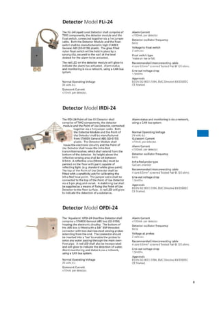Detector Model FLi-24
The FLi-24 Liquid Level Detector shall comprise of
TWO components. the detector module and the
float switch, connected together via a lm jumper
cable. Roth the Detector Module and the float
switch shall be manufactured in high STAREX
General A05 (SD-0150) plastic. The glass filled
nylon float switch will be held in place by a
sprung clip, secured to the wall at the level
desired for the alarm to be activated
The red LED on the detector module %fulll glow to
indicate the alarm has activated. Alarm status
and monitoring is via a network, using a CAN bus
system.
Normal Operating Voltage
24 volts d.c.
Quiescent Current
<10mA. per detector.
Alarm Current
i00rnA. per detector.
Detector oscillator frequency
6kHa
Voltage to float switch.
2 volts a e
Float switch type
'make on rise or fall.
Recommended interconnecting cable
4 core Li_Smir2 screened Twisted Pair ti2/ k2Clohms
Line-out voltage drop
1,5mV/m
Approvals
BS El ISO 9001:1994, EMC Directive 69836/EEC
CE Marked.
Detector Model IRDI-24
The IRDi-24 Point of Use Oil Detector shall
comprise of TWO components, the detector
module and the Point of Use Detector, connected
together via a 1 rn jumper cable. Roth
the Detector Module and the Point of
Use Detector shall be manufactured
from STAREX General ABS (SD-01S0)
plastic, The Detector Module shall
house the electronic circuitry and the Point of
Use Detector shall house the Infra-Bed
transrnitterireceiver, which shall extend from the
bottom of the detector lts height above the
reflective sensing area shall be set between
3-5rrm. A reflective area (50mrn dia.) must be
painted on the -Floor with paint capable of
reflecting light. (e.g. standard white gloss paint)
The top of the Point of Use Detector shall be
fitted with a sensitivity pot for calibrating the
Intro-Red focal point, The jumper cable shall be
connected to the top of the Point of Use Detector
via a 3-pin plug and socket, A stabilising bar shall
be supplied as a means of fixing the Point of Use
Detector to the floor surface A red LED will glow
to indicate the detection of a substance.
Alarm status and monitoring is via a network,
using a CAN bus system.
Normal Operating Voltage
24 volts d.C,
Quiescent Current
<10rrIA. per derecriar.
Alarm Current
<100mA. per detector.
Detector oscillator frequency
6kH7
Infra-Red probe type
Gallium arsenide
Recommended interconnecting cable
4 core acSrnrw' screened Twisted Pair r 120 ohms,
Line-out voltage drop
1,5mWrin
Approvals
ES EN ISO 9001:199.1r EMC Directive 8.9/3364EC
CE Marked_
Detector Model OFDi-24
The 'Aqualarm' OFD1-24 Overflow Detector shall
comprise a STAREX General ABS box (SD-0150)
housing the electronic circuitry. The bottom of
the ABS box is fitted with a 3/4" BSP threaded
connector with two stain I ess ste el sensing probes
extending from the end. The connector should
be inserted into a 'tee' to enable the probes to
sense any water passing through the main over-
flow pipe. A red LED shall also be incorporated
and will glow to indicate the detection of water.
Alarm monitoring and status is via a network,
using a CAN bus system.
Normal Operating Voltage
24 valks d
Quiescent Current
<I0mA. per detector.
Alarm Current
<100mA. per detector.
Detector oscillator frequency
61.cRt
Voltage at probes
2 volts a.c.
Recommended interconnecting cable
4 corer:0.5mm' screened Twisted Pair 43 120 ohms,
Line-out voltage drop
1.5rriVN
Approvals
ES EN ISO 9001;1994, EMC Directive 891325/EEC
CE Marked.
8
 