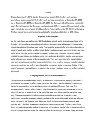 Liquidity
During December 31, 2014, Jamba Company had a cash of $8.1 million cash and also
equivalence as compared to $17.8 million cash and cash equivalence at December 31, 2013.
As of December 31, 2014 and December 31, 2013, the Company did not have any confidential
cash. During the period, the Company purchased again 445,414 shares of frequent stock on the
open market at a price of about $15.00 per share. Following December 31, 2014, the Company
finished transferring two refranchising packages for collective deliberation of $4.9 million.
Expense reduction plan
As the main focus Jamba Company CEO calculated project, and to a certain extent due to the
limitation of the customer expenditure at the time, Jamba considered increasing the operating
margin by cutting on the store-level costs. This would be achieved after a long time by reducing
costs of goods sold, cutting on labour costs, better regulating wages and remuneration, carrying
out a labour planning system, raising occupancy savings, and improving managements of
marketing expenditures, controllable costs, store and costs. In addition, Jamba took numerous
actions to decrease general and managerial costs. They were also looking for ways to better
use technology to advance store levels productivities. In as much as expense reduction plan led
Jamba to maximize her profit, it also affected the company’s ability to compete. Cutting of the
cost of expenses may lead to poor production due to lover regulated resources and unmotivated
personnel.
Company-owned versus franchised stores
Jamba’s outcome reveals value-creating achievements on some areas, ranging from rises for
comparable store sales to refranchising gains and the growth. Jamba prioritized transforming
herself to an asset-light model with her move to refranchise 102 stores California. The
arrangements for hasten refranchising of other fronts will decrease company-owned stores to
about 11 percent of entire stores by the end of the year from 30 percent she had just a year
ago. These progresses included augmented costs for organizational streamlining and
subcontract costs plus expenses related transition to the asset-light model, which are reflected
in her net loss for the financial year. Moreover, the first share repurchase program is well
ongoing with 1.5 million shares purchased since the commencement. The franchised stores
bring a breadth of specialist skills and resources to their clients. Jamba’s franchisees come from
middle management across the full spectrum of service and supply industries. They are skilled
 