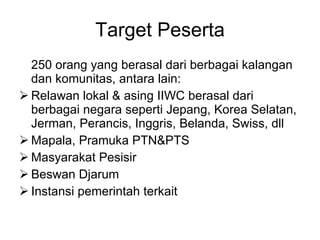 Target Peserta 250 orang yang berasal dari berbagai kalangan dan komunitas, antara lain: Relawan lokal & asing IIWC berasal dari berbagai negara seperti Jepang, Korea Selatan, Jerman, Perancis, Inggris, Belanda, Swiss, dll Mapala, Pramuka PTN&PTS Masyarakat Pesisir Beswan Djarum Instansi pemerintah terkait 