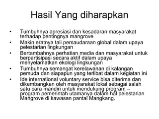 Hasil Yang diharapkan Tumbuhnya  apresiasi dan kesadaran masyarakat terhadap pentingnya mangrove Makin eratnya tali persaudaraan global dalam upaya pelestarian lingkungan Bertambahnya perhatian media dan masyarakat untuk berpartisipasi secara aktif dalam upaya menyelamatkan ekologi lingkungan Tumbuhnya semangat kerelawanan di kalangan pemuda dan siapapun yang terlibat dalam kegiatan ini Ide international voluntary service bisa diterima dan dikembangkan oleh masyarakat lokal sebagai salah satu cara mandiri untuk mendukung program – program pemerintah utamanya dalam hal pelestarian Mangrove di kawasan pantai Mangkang. 