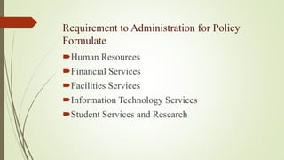 Requirement to Administration for Policy
Formulate
Human Resources
Financial Services
Facilities Services
Information Technology Services
Student Services and Research
 