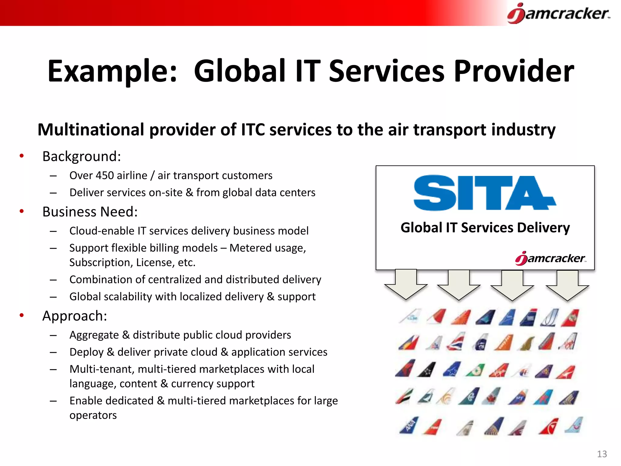 Example: Global IT Services Provider
Multinational provider of ITC services to the air transport industry
• Background:
– Over 450 airline / air transport customers
– Deliver services on-site & from global data centers
• Business Need:
– Cloud-enable IT services delivery business model
– Support flexible billing models – Metered usage,
Subscription, License, etc.
– Combination of centralized and distributed delivery
– Global scalability with localized delivery & support
• Approach:
– Aggregate & distribute public cloud providers
– Deploy & deliver private cloud & application services
– Multi-tenant, multi-tiered marketplaces with local
language, content & currency support
– Enable dedicated & multi-tiered marketplaces for large
operators
Global IT Services Delivery
13
 