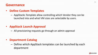 • Define Custom Templates
– AppStacks Template allow controlling which Vendor they can be
launched into and what VM sizes are selectable by users.
• AppStack Launch Approval
– All provisioning requests go through an admin approval
• Department Catalog
– Define which AppStack templates can be launched by each
department
21
Governance
 