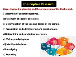 (Descriptive Research)
Stages involved in planning and the preparation of the final report.
i) Statement of general objectives.
ii) Statement of specific objectives.
iii) Determination of the size and design of the sample.
iv) Preparation and administering of a questionnaire.
v) Determining and conducting interviews.
vi) Making analysis plans.
vii) Machine tabulation.
viii) Analysing
ix) Reporting
 