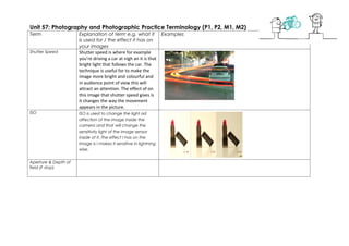 Unit 57: Photography and Photographic Practice Terminology (P1, P2, M1, M2)
Term                  Explanation of term e.g. what it Examples
                      is used for / the effect it has on
                      your images
Shutter Speed         Shutter speed is where for example
                      you’re driving a car at nigh an it is that
                      bright light that follows the car. The
                      technique is useful for to make the
                      image more bright and colourful and
                      in audience point of view this will
                      attract an attention. The effect of on
                      this image that shutter speed gives is
                      it changes the way the movement
                      appears in the picture.
ISO                   ISO is used to change the light ad
                      affection of the image inside the
                      camera and that will change the
                      sensitivity light of the image sensor
                      inside of it. The effect I has on the
                      image is I makes it sensitive in lightning
                      wise.


Aperture & Depth of
field (F stop)
 
