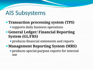 AIS Subsystems
⚫Transaction processing system (TPS)
⚫supports daily business operations
⚫General Ledger/ Financial Reporting
System (GL/FRS)
⚫produces financial statements and reports
⚫Management Reporting System (MRS)
⚫produces special-purpose reports for internal
use
 