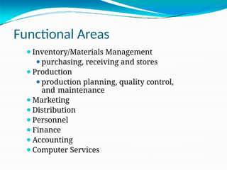 Functional Areas
⚫Inventory/Materials Management
⚫purchasing, receiving and stores
⚫Production
⚫production planning, quality control,
and maintenance
⚫Marketing
⚫Distribution
⚫Personnel
⚫Finance
⚫Accounting
⚫Computer Services
 