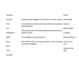 Finding Communities/Bloggers Classical Country Folk Jazz Pop/Dance R&B Rap Rock Tech Lifestyle Finding Unique Bloggers ( “ The riches are in the niches) Social Media Curators are the new Norman Lear/Aaron Spelling/Oprah How do you tailor the event experience/story around specific niches Treat bloggers as professionals The  “ stuff ”  on the  “ cutting room floor ”  can be amazing content for bloggers Green Technology Fashion #TeamBieber E-Waste Hawaiian Music Latin Fusion Jazz Southern Hip Hop 