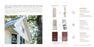 0
2,000
0
2,000
Resists Weather*
James Hardie siding
Resists damage from wind, rain,
freezing temperatures and hail
Vinyl siding
Can be damaged by hail and may crack,
buckle and warp with changing temperatures
Resists Heat**
James Hardie siding
Noncombustible and resists
damage from extreme heat
Vinyl siding
Vulnerable to melting caused by
flame, grills and Low-E windows
Resists Fading†
James Hardie siding
ColorPlus finishes provide consistent
color and high UV resistance
Vinyl siding
Color cannot be changed and
fades at noticeably different rates
James Hardie®
siding Vinyl siding
20 21
Compare our products to the alternatives at jameshardie.com/superiorsiding
* Visual representations based on James Hardie research and testing.
**	
James Hardie siding sample was exposed to a blowtorch for 90 seconds. Vinyl siding was exposed to
heat of 140 degrees F for 30 seconds.
† Within a controlled lab environment, samples were exposed to an accelerated QUV test of 2,000 hours.
James Hardie siding provides authentic design that vinyl siding
can’t match.Our products are 5x thicker than vinyl siding, providing
deeper shadow lines and a warmer wood grain texture with seams
that are less visible. When investing in your home, don’t be misled by vinyl siding’s short-term cost. Its color cannot
be changed and can be more susceptible to inconsistent fading. Vinyl siding may also crack, buckle or sag with weather stress and time,
possibly diminishing your home’s charm and value.
HardiePanel®
Lap Siding Smooth Arctic White
HardieTrim®
Boards Arctic White
vs
vs
vs
Hours of UV
light exposure
 