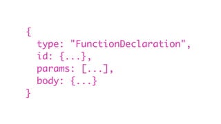 {
type: "FunctionDeclaration",
id: {...},
params: [...],
body: {...}
}
 