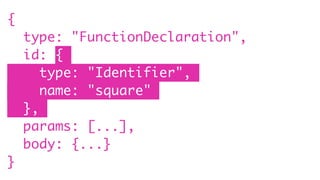 {
type: "FunctionDeclaration",
id: {
type: "Identifier",
name: "square"
},
params: [...],
body: {...}
}
 