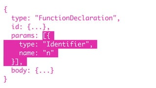 {
type: "FunctionDeclaration",
id: {...},
params: [{
type: "Identifier",
name: "n"
}],
body: {...}
}
 