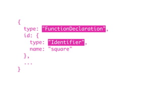 {
type: "FunctionDeclaration",
id: {
type: "Identifier",
name: "square"
},
...
}
 