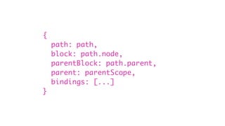 {
path: path,
block: path.node,
parentBlock: path.parent,
parent: parentScope,
bindings: [...]
}
 