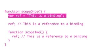 function scopeOnce() {
var ref = "This is a binding";
ref; // This is a reference to a binding
function scopeTwo() {
ref; // This is a reference to a binding
}
}
 
