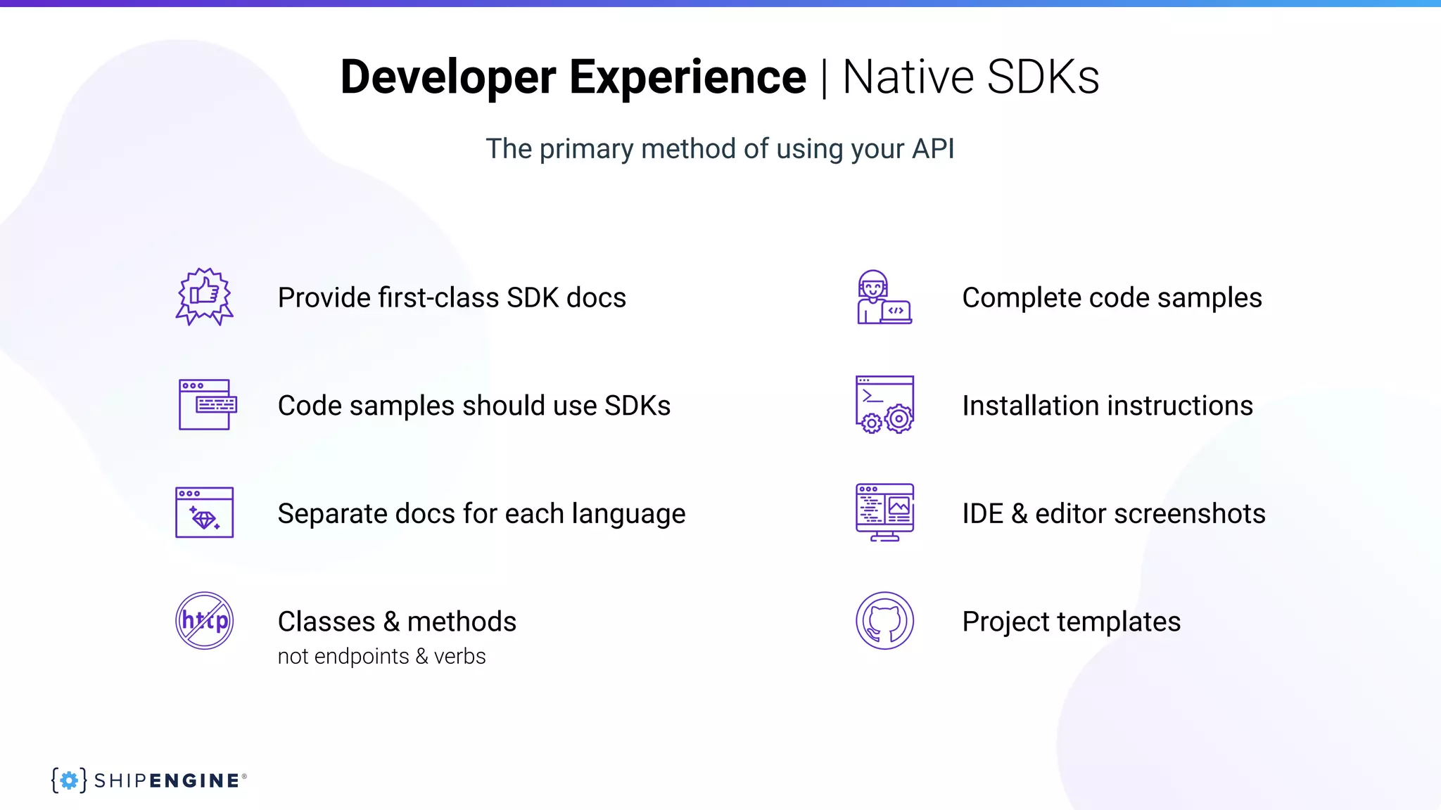 not endpoints & verbs
Developer Experience | Native SDKs
The primary method of using your API
Provide ﬁrst-class SDK docs Complete code samples
Code samples should use SDKs Installation instructions
Separate docs for each language IDE & editor screenshots
Project templatesClasses & methods
 