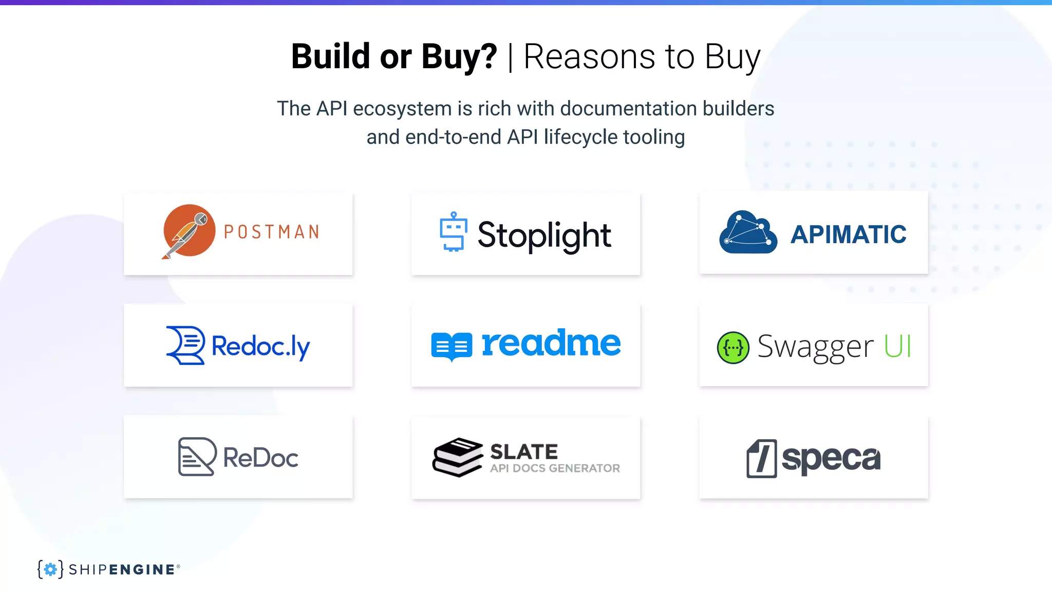 Build or Buy? | Reasons to Buy
The API ecosystem is rich with documentation builders
and end-to-end API lifecycle tooling
 