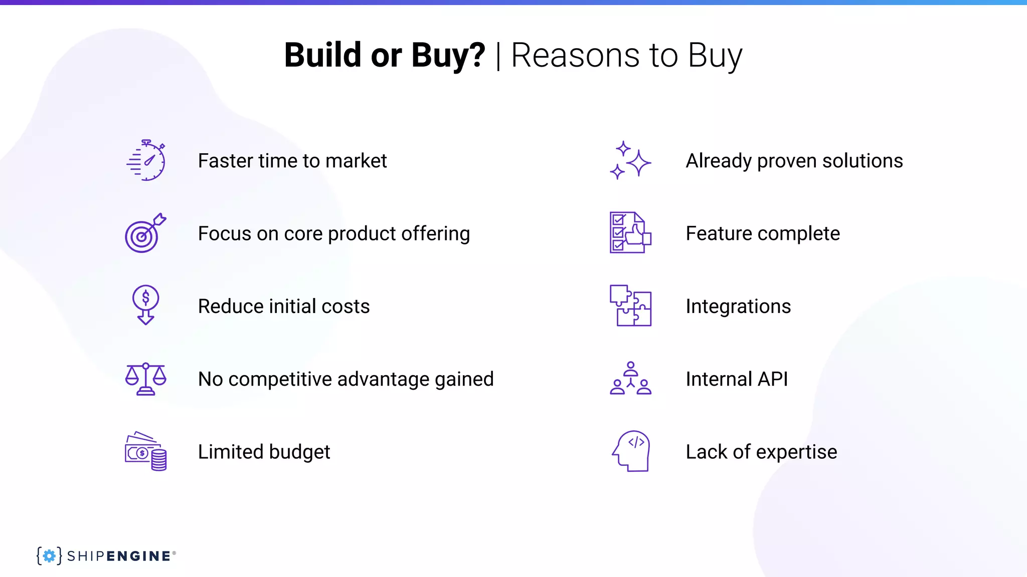 Faster time to market
Focus on core product offering
Reduce initial costs
No competitive advantage gained
Limited budget
Already proven solutions
Integrations
Internal API
Feature complete
Lack of expertise
Build or Buy? | Reasons to Buy
 