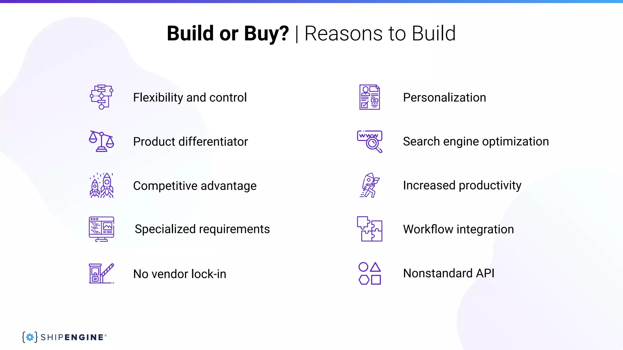Flexibility and control
Product differentiator
Competitive advantage
No vendor lock-in
Personalization
Increased productivity
Nonstandard API
Workﬂow integrationSpecialized requirements
Search engine optimization
Build or Buy? | Reasons to Build
 