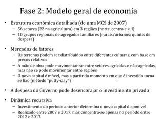 Fase 2: Modelo geral de economia
• Estrutura económica detalhada (de uma MCS de 2007)
– 56 setores (22 na agricultura) em 3 regiões (norte, centro e sul)
– 10 grupos regionais de agregados familiares (rurais/urbanos; quintis de
despesa)
• Mercados de fatores
– Os terrenos podem ser distribuídos entre diferentes culturas, com base em
preços relativos
– A mão de obra pode movimentar-se entre setores agrícolas e não-agrícolas,
mas não se pode movimentar entre regiões
– O novo capital é móvel, mas a partir do momento em que é investido torna-
se fixo (método "putty-clay")
• A despesa do Governo pode desencorajar o investimento privado
• Dinâmica recursiva
– Investimento do período anterior determina o novo capital disponível
– Realizado entre 2007 e 2017, mas concentra-se apenas no período entre
2012 e 2017
 