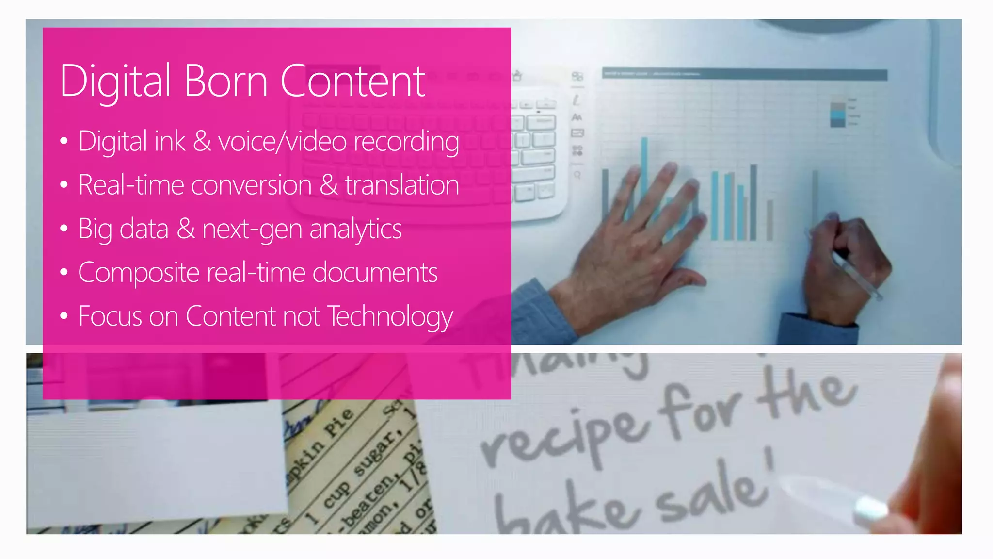 Digital Born Content
• Digital ink & voice/video recording
• Real-time conversion & translation
• Big data & next-gen analytics
• Composite real-time documents
• Focus on Content not Technology
 