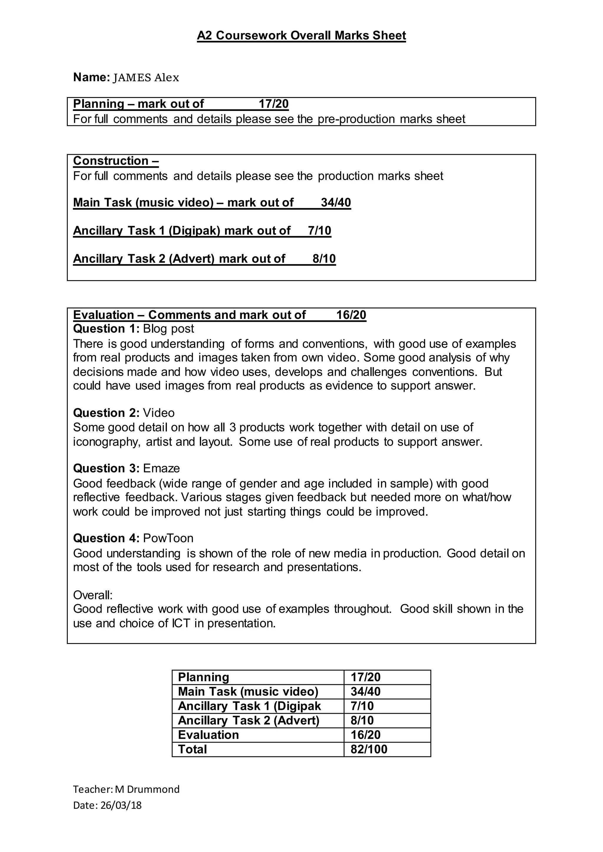 Overall Feedback Sheet PDF