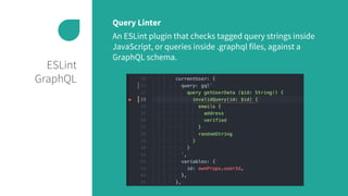 ESLint
GraphQL
Query Linter
An ESLint plugin that checks tagged query strings inside
JavaScript, or queries inside .graphql files, against a
GraphQL schema.
 