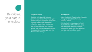 Describing
your data in
one place
GraphQL Server
Building with GraphQL lets you
describe your data with a robust type
system. As your application grows and
changes, these types will always
reflect the latest shape of your app
We will take a look at how GraphQL
works, how you can take advantage of
its type system in your app, and why
Apollo makes it easy!
React Apollo
Using Apollo with React makes it easy to
manage and load data from your
GraphQL server.
With the built in type support of both
Apollo Client and React Apollo, along
with the power of Apollo Codegen,
bringing the types from your server to
your app has never been easier.
 